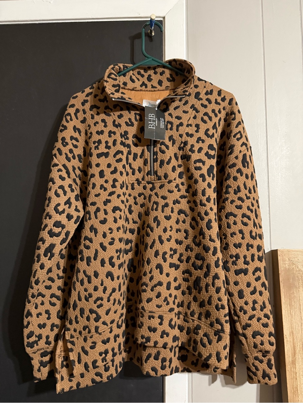 Women's Leopard Print Brown Half-Zip Pullover